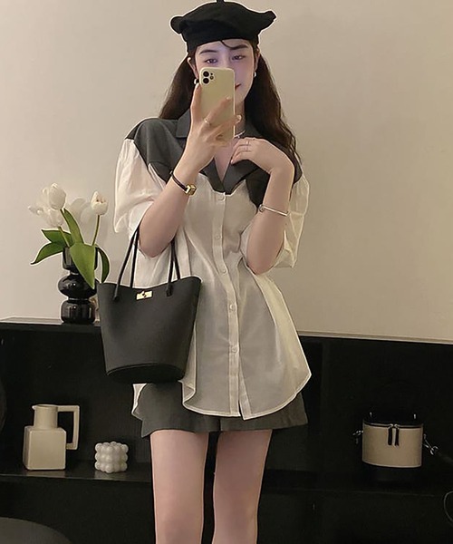 Girly Doll（ガーリードール）の「ツーピースセット ドッキングシャツ＆フレアショートパンツセットアップ（セットアップ・レディース・グレー/ブラウン・F）」の7枚目の写真