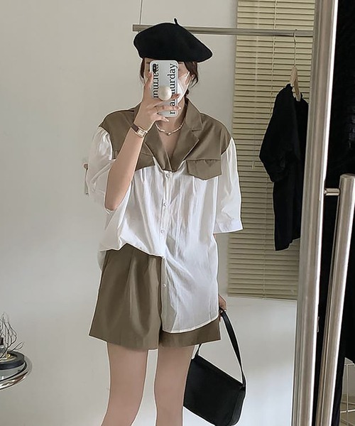 Girly Doll（ガーリードール）の「ツーピースセット ドッキングシャツ＆フレアショートパンツセットアップ（セットアップ・レディース・グレー/ブラウン・F）」の13枚目の写真