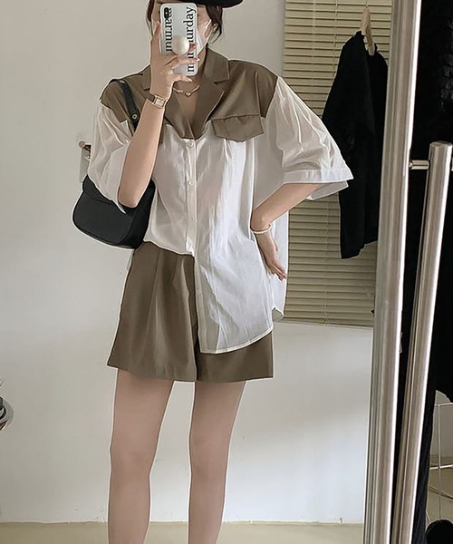 Girly Doll（ガーリードール）の「ツーピースセット ドッキングシャツ＆フレアショートパンツセットアップ（セットアップ・レディース・グレー/ブラウン・F）」の22枚目の写真