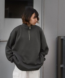 【ZIP FIVE】 ハーフジップ オーバーサイズ 長袖 裏起毛 スウェット トレーナー ロゴ 刺繍 / キツネ / 無地
