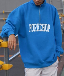 【ZIP FIVE】 ハーフジップ オーバーサイズ 長袖 裏起毛 スウェット トレーナー ロゴ 刺繍 / キツネ / 無地