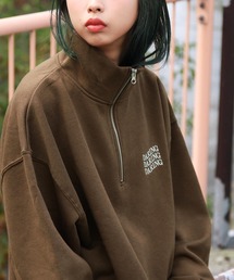【ZIP FIVE】 ハーフジップ オーバーサイズ 長袖 裏起毛 スウェット トレーナー ロゴ 刺繍 / キツネ / 無地