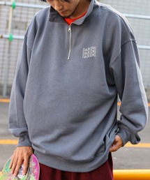 【ZIP FIVE】 ハーフジップ オーバーサイズ 長袖 裏起毛 スウェット トレーナー ロゴ 刺繍 / キツネ / 無地