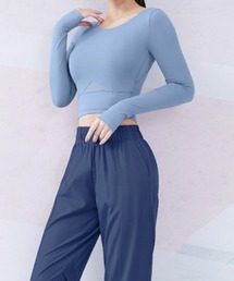 レディース 長袖クロップド丈ヨガウェアトップス+ジョガーパンツ 上下2点セットアップ[トレーニングウェア/ジムウェア/ピラティスウェア]