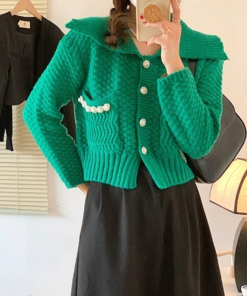 LAC-VERT(ラック・ヴェール)の「襟付きパールボタンカーディガン(カーディガン/ボレロ・レディース・その他1/アイボリー/ライトブルー/グリーン・FREE)」の9枚目の写真