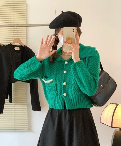 LAC-VERT(ラック・ヴェール)の「襟付きパールボタンカーディガン(カーディガン/ボレロ・レディース・その他1/アイボリー/ライトブルー/グリーン・FREE)」の11枚目の写真