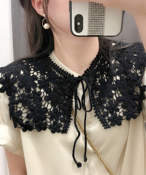 Felt-Maglietta（フェルトマリエッタ）の「レトロレースつけ襟（付け襟・レディース・ブラック/ベージュ/キャメル/グリーン/イエロー・FREE）」の2枚目の写真