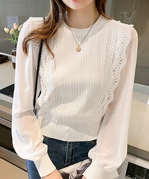シアー袖レースニットプルオーバー