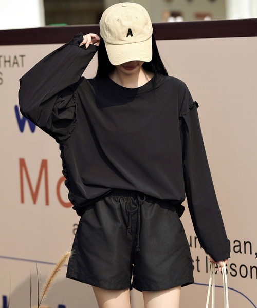 TeddyShop（テディショップ）の「【UVカット率 99%以上】レディース水着 長袖フリルラッシュガード＋ショートパンツ 上下2点セット【WEB限定】水陸両用 水着体型カバー（ラッシュガード・レディース・ブラック×カーキ/ブラウン系その他/ホワイト系その他/ブルー系その他/ブラック×ライム/グリーン系その他/グレー系その他2/サンドベージュ/ブラック系その他/ブラック×ブラック/ホワイト×ブラック/グレー系その他/ブラウン系その他2・L/M）」の22枚目の写真