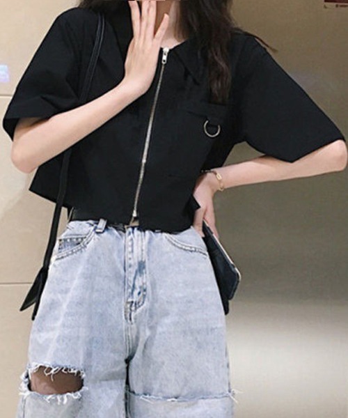 gossip!ロサンゼルス(ゴシップロサンゼルス)の「YUGA レギュラーカラー ショートジャケットシャツ(シャツ/ブラウス・レディース・ブラック/ホワイト・FREE)」の2枚目の写真