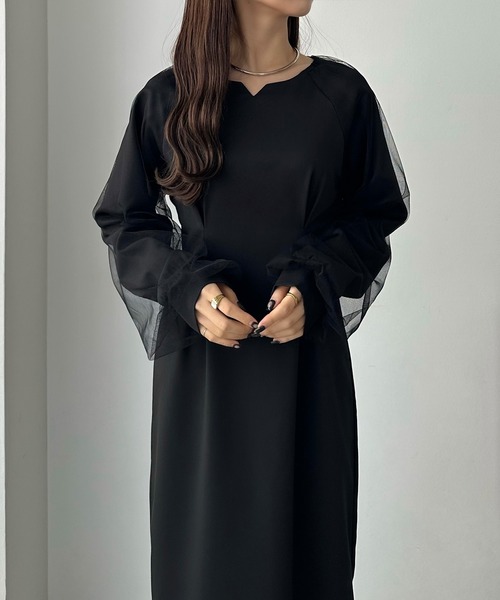 [Sahara] チュールスリーブサテンドレス Sahara] チュールスリーブサテンドレス