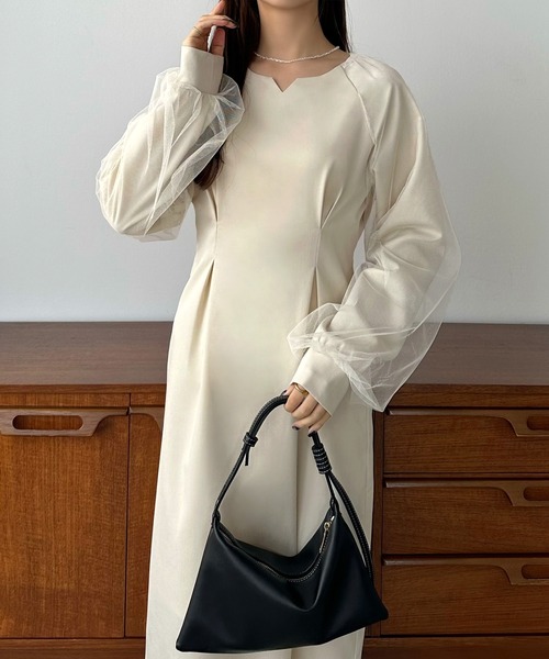 callautia（カラウティア）の「チュールスリーブタックワンピース（ワンピース・レディース・ブラック/アイボリー/ダークベージュ/チャコールグレー/ブラウン・SMALL/LARGE/MEDIUM/X-LARGE）」の18枚目の写真