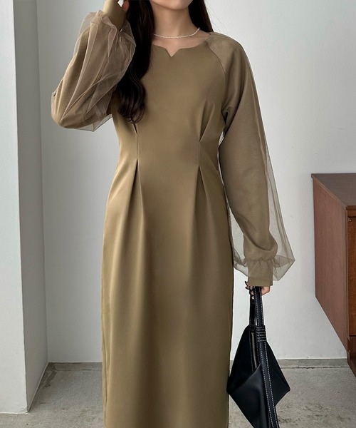 チュールスリーブタックワンピース（ワンピース）｜callautia