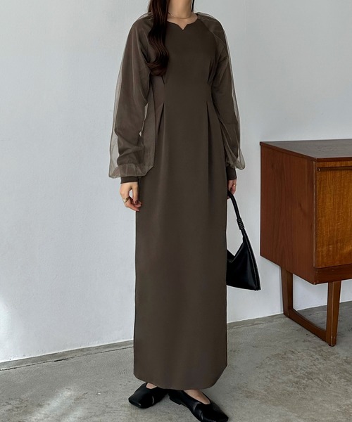 callautia（カラウティア）の「チュールスリーブタックワンピース（ワンピース・レディース・ブラック/アイボリー/ダークベージュ/チャコールグレー/ブラウン・SMALL/LARGE/MEDIUM/X-LARGE）」の8枚目の写真