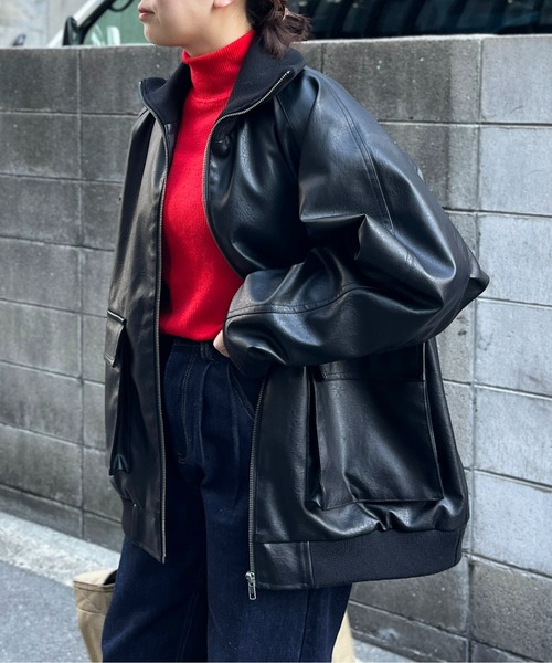 CPCM（シーピーシーエム）の「フェイクレザースタンドリブジャケット（ライダースジャケット・メンズ・ブラック/ブラウン・L/M）」の5枚目の写真