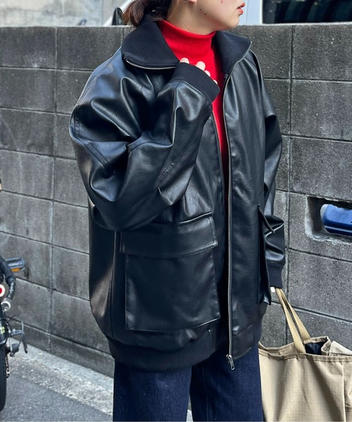 CPCM（シーピーシーエム）の「フェイクレザースタンドリブジャケット（ライダースジャケット・メンズ・ブラック/ブラウン・L/M）」の9枚目の写真