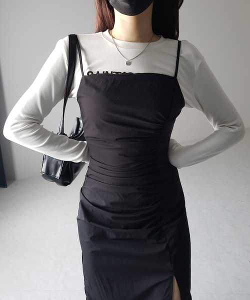 me+em select（ミームセレクト）の「※※【 ３size ／ ３color 】深スリットタックギャザータイトキャミワンピース（ワンピース・レディース・チャコール/ブラック/ライトグレー・LARGE/MEDIUM/SMALL）」の12枚目の写真