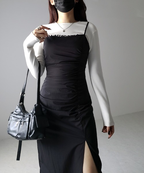 me+em select（ミームセレクト）の「※※【 ３size ／ ３color 】深スリットタックギャザータイトキャミワンピース（ワンピース・レディース・チャコール/ブラック/ライトグレー・LARGE/MEDIUM/SMALL）」の11枚目の写真