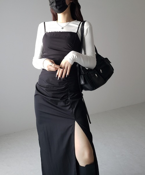 me+em select（ミームセレクト）の「※※【 ３size ／ ３color 】深スリットタックギャザータイトキャミワンピース（ワンピース・レディース・チャコール/ブラック/ライトグレー・LARGE/MEDIUM/SMALL）」の10枚目の写真