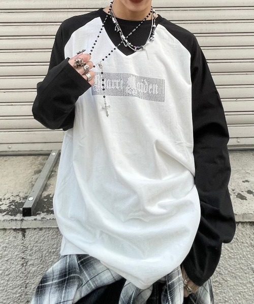 Bizarre Maiden ビザール メイデン ラインストーン ロゴ ラグラン セール】【Bizarre Maiden】rhinestone logo raglan tee
