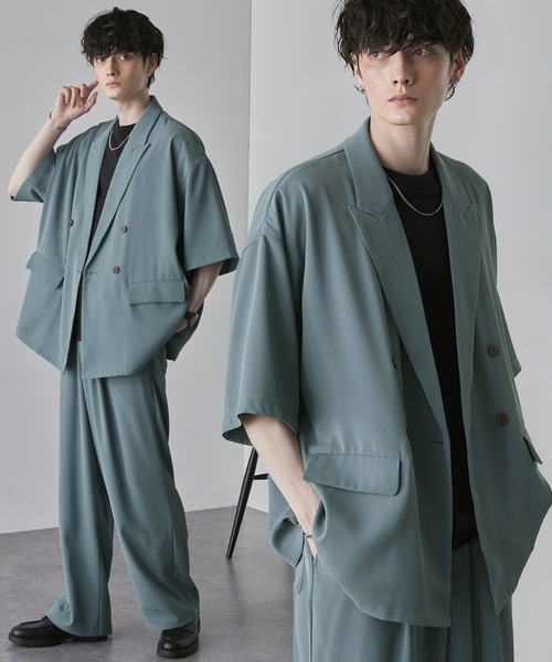 MONO-MART（モノマート）の「【セットアップ】ドレープ オーバーサイズ ピークドラペルWテーラードシャツジャケット＋イージータックワイドパンツ（セットアップ・メンズ・グレイッシュブルー/ダークネイビー/モカ/ダークグレー/ブラック系1/グレー/ブラック/グレー系3/グレイッシュベージュ・M/S/L）」の8枚目の写真