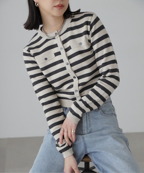 FREE'S MART（フリーズマート）の「コンパクトボーダーニットカーディガン（カーディガン/ボレロ・レディース・グレー系その他/オフホワイト/ピンク・FREE）」の16枚目の写真