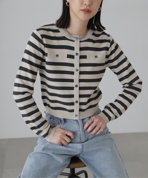 FREE'S MART（フリーズマート）の「コンパクトボーダーニットカーディガン（カーディガン/ボレロ・レディース・グレー系その他/オフホワイト/ピンク・FREE）」の17枚目の写真