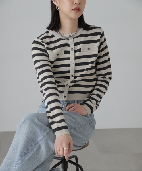 FREE'S MART（フリーズマート）の「コンパクトボーダーニットカーディガン（カーディガン/ボレロ・レディース・グレー系その他/オフホワイト/ピンク・FREE）」の18枚目の写真