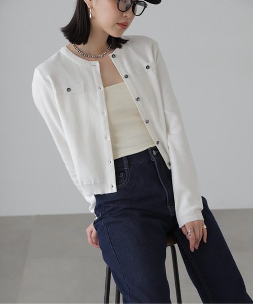 FREE'S MART（フリーズマート）の「コンパクトボーダーニットカーディガン（カーディガン/ボレロ・レディース・グレー系その他/オフホワイト/ピンク・FREE）」の5枚目の写真