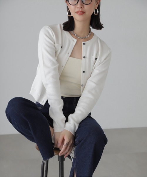 FREE'S MART（フリーズマート）の「コンパクトボーダーニットカーディガン（カーディガン/ボレロ・レディース・グレー系その他/オフホワイト/ピンク・FREE）」の8枚目の写真