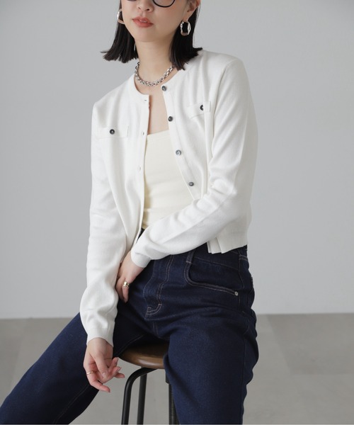 FREE'S MART（フリーズマート）の「コンパクトボーダーニットカーディガン（カーディガン/ボレロ・レディース・グレー系その他/オフホワイト/ピンク・FREE）」の9枚目の写真