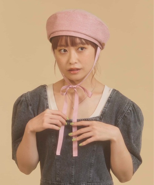 kaorinomori（カオリノモリ）の「kaorinomori ボンボンベレー / カオリノモリ（ハンチング/ベレー帽・レディース・ベージュ/ピンク・M/57.5cm）」の2枚目の写真