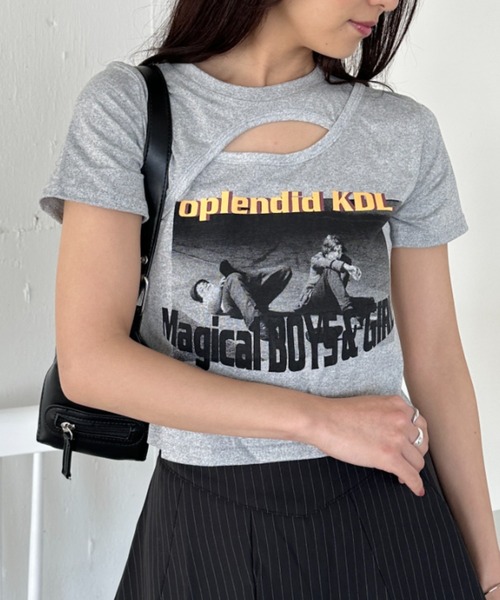 CLEA(クレア)の「ロックプリントカットアウト半袖チビT(Tシャツ/カットソー・レディース・ホワイト/ブラック/グレー・L/M)」の7枚目の写真