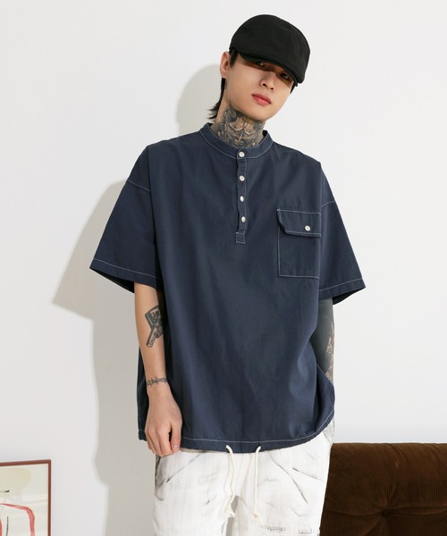 FOLLOWIN（フォロウィン）の「[UNISEX]ビンテージウォッシングステッチデザインアノラック半袖シャツ（シャツ/ブラウス・レディース・アイボリー/ブラック/ネイビー・FREE）」の5枚目の写真