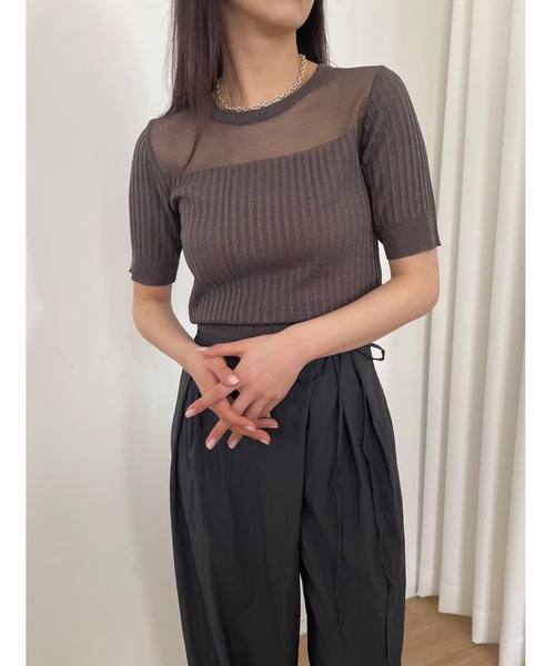 Didot.showroom(ディドット ショールーム)の「シアーストライプクロップニットT(Tシャツ/カットソー・レディース・ブラウン/ブラック/ホワイト/ブルー・FREE)」の3枚目の写真