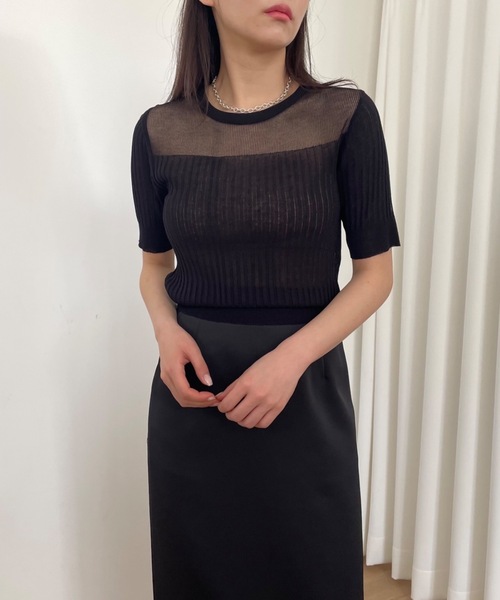 Didot.showroom(ディドット ショールーム)の「シアーストライプクロップニットT(Tシャツ/カットソー・レディース・ブラウン/ブラック/ホワイト/ブルー・FREE)」の2枚目の写真