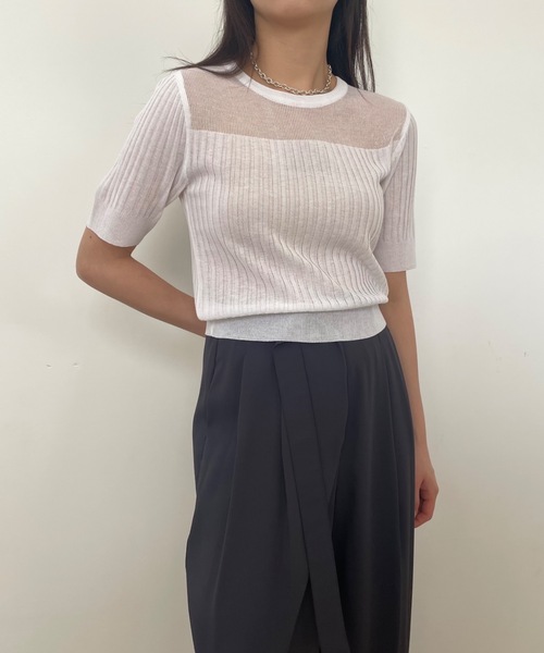 Didot.showroom(ディドット ショールーム)の「シアーストライプクロップニットT(Tシャツ/カットソー・レディース・ブラウン/ブラック/ホワイト/ブルー・FREE)」の5枚目の写真