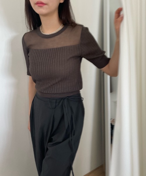 Didot.showroom(ディドット ショールーム)の「シアーストライプクロップニットT(Tシャツ/カットソー・レディース・ブラウン/ブラック/ホワイト/ブルー・FREE)」の14枚目の写真