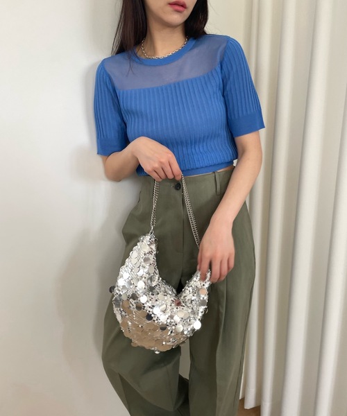 Didot.showroom(ディドット ショールーム)の「シアーストライプクロップニットT(Tシャツ/カットソー・レディース・ブラウン/ブラック/ホワイト/ブルー・FREE)」の19枚目の写真