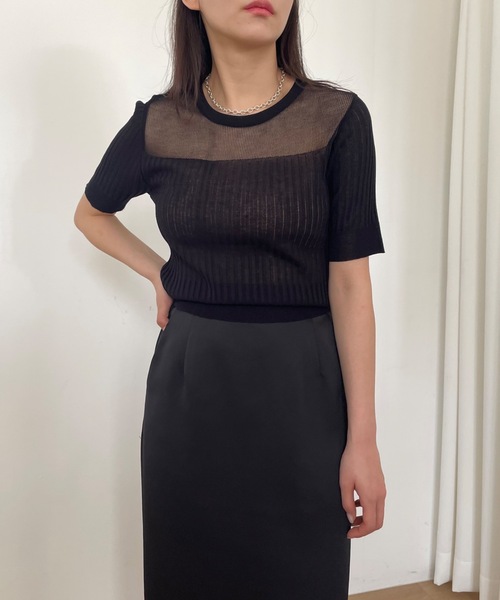 Didot.showroom(ディドット ショールーム)の「シアーストライプクロップニットT(Tシャツ/カットソー・レディース・ブラウン/ブラック/ホワイト/ブルー・FREE)」の8枚目の写真