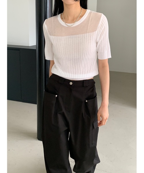 Didot.showroom(ディドット ショールーム)の「シアーストライプクロップニットT(Tシャツ/カットソー・レディース・ブラウン/ブラック/ホワイト/ブルー・FREE)」の21枚目の写真