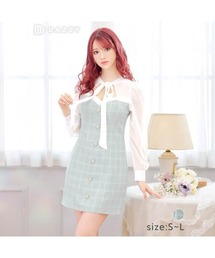 DAZZY（デイジー）の「チェック フリル パール ビジュー シフォン 長袖 Aライン ミニドレス（ドレス）」
