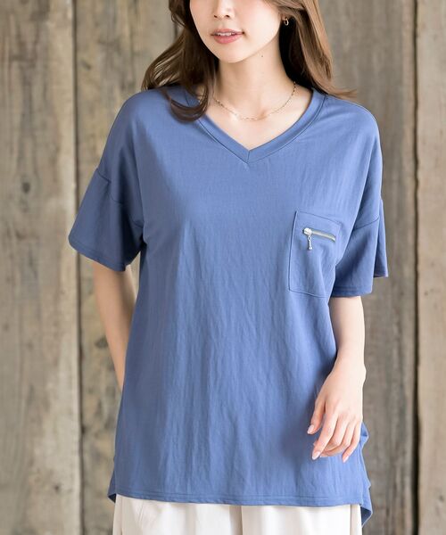 rps(アールピーエス)の「ZIPポケットVネックワイドT(Tシャツ/カットソー・レディース・チャコールグレー/カーキ/ブラック/ブルー・フリー)」の4枚目の写真
