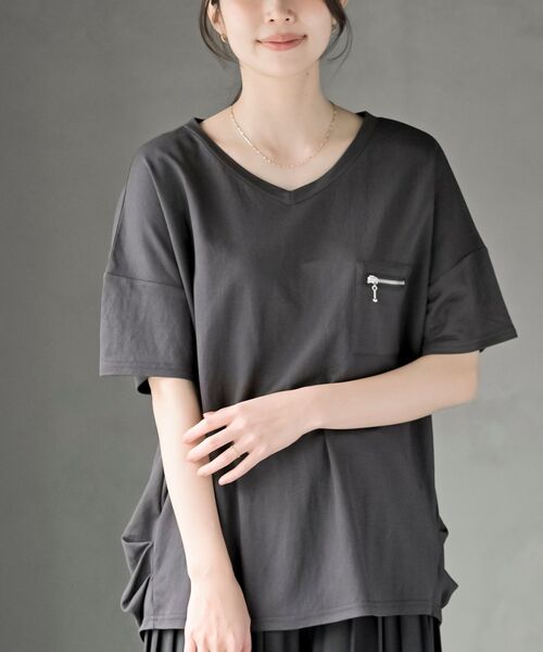 rps(アールピーエス)の「ZIPポケットVネックワイドT(Tシャツ/カットソー・レディース・チャコールグレー/カーキ/ブラック/ブルー・フリー)」の17枚目の写真
