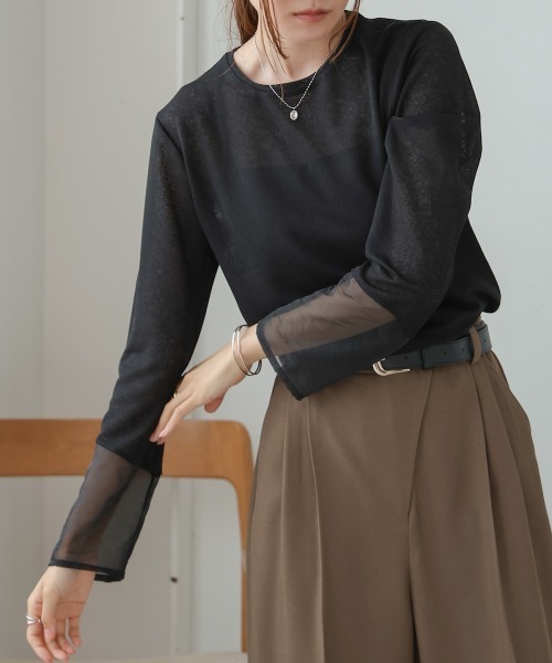 Bab(バブ)の「袖シアーベーシックカットソー(Tシャツ/カットソー・レディース・ブラック/オフホワイト/ベージュ/イエロー・FREE)」の21枚目の写真