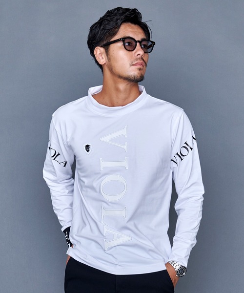 『VIOLA rumore/ヴィオラ ルモーレ』P.T入りモックネック長袖Tシャツ ワッペン プリント ストレッチ 長袖 ロンT（Tシャツ/カットソー）｜VIOLA（ヴィオラ）