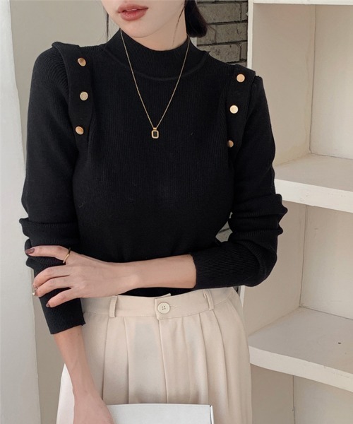 Miniministore(ミニミニストア)の「メタルボタンニットトップスプチハイネック(ニット/セーター・レディース・ホワイト/ブラック/ベージュ/ブラウン/カーキ・FREE)」の2枚目の写真