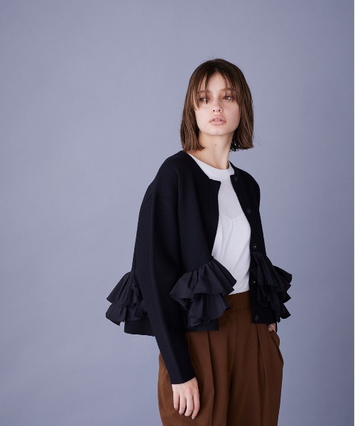 Marilyn Moon（マリリンムーン）の「スパイラルタフタラッフルニットジャケット（その他アウター・レディース・ブラック/グレー/ベージュ・FREE）」の3枚目の写真