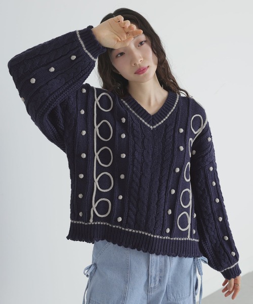 somari imagination（ソマリ イマジネーション）の「『ライン配色ケーブルニット』（ニット/セーター・レディース・ネイビー/ライトグレー・FREE）」の16枚目の写真