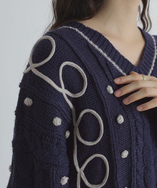 somari imagination（ソマリ イマジネーション）の「『ライン配色ケーブルニット』（ニット/セーター・レディース・ネイビー/ライトグレー・FREE）」の19枚目の写真